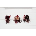 Wedding boutonnieres and wrist corsage in burgundy dusty rose color scheme. Flower accessories. 5270
