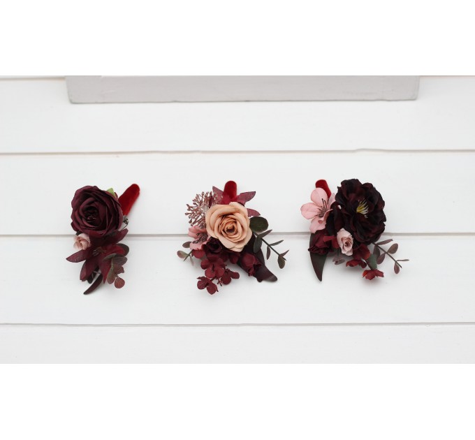  Wedding boutonnieres and wrist corsage  in burgundy dusty rose color scheme. Flower accessories. 5270