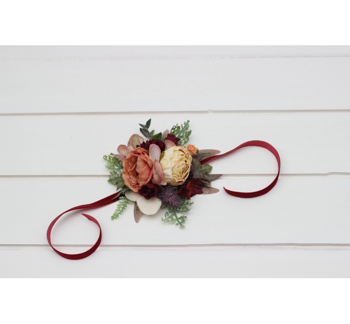 Wedding Boutonnieres & Wrist Corsage in Burgundy, Ivory & Dusty Rose | Faux Flower Accessories