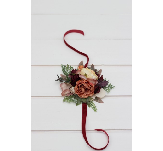 Wedding Boutonnieres & Wrist Corsage in Burgundy, Ivory & Dusty Rose | Faux Flower Accessories