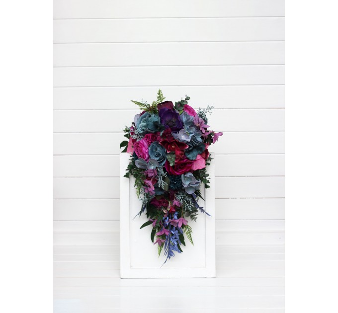 Wedding Bouquets in Teal, Magenta, Blue & Purple | Cascading Faux Bridal & Bridesmaid Bouquets