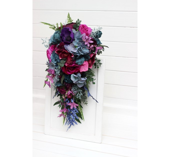 Wedding Bouquets in Teal, Magenta, Blue & Purple | Cascading Faux Bridal & Bridesmaid Bouquets