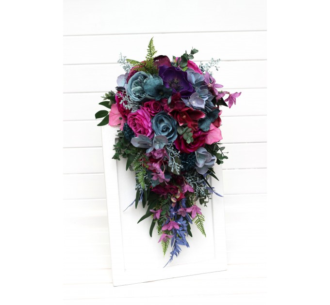 Wedding Bouquets in Teal, Magenta, Blue & Purple | Cascading Faux Bridal & Bridesmaid Bouquets