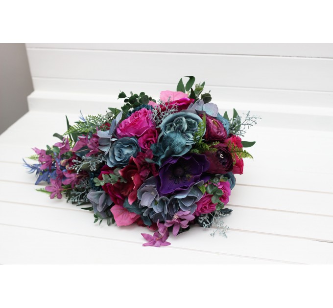 Wedding bouquets in teal, magenta, blue and purple  colors. Bridal bouquet. Cascading bouquet. Faux bouquet. Bridesmaid bouquet. Jewel-tone wedding. 5225-c
