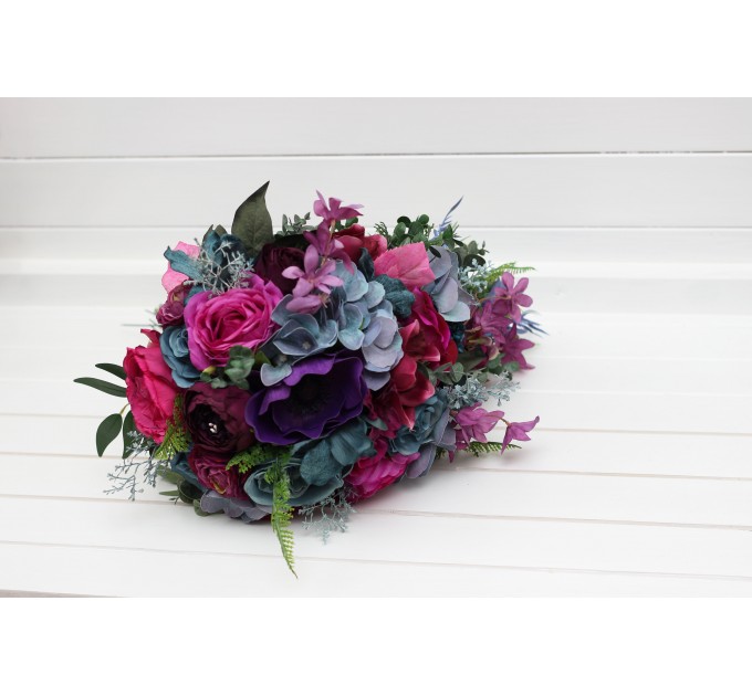 Wedding Bouquets in Teal, Magenta, Blue & Purple | Cascading Faux Bridal & Bridesmaid Bouquets