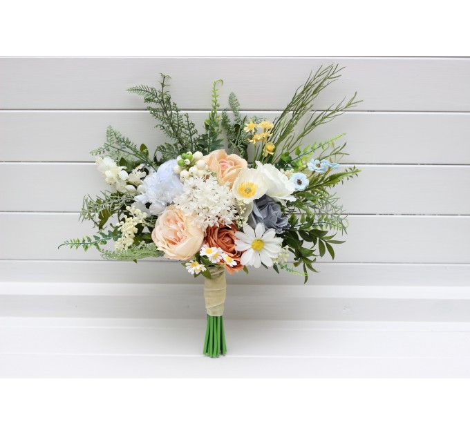 Spring & Summer Wedding Bouquets in Ivory, Yellow, Peach & Dusty Blue | Faux Cascading Bridal & Bridesmaid Wildflower Bouquets