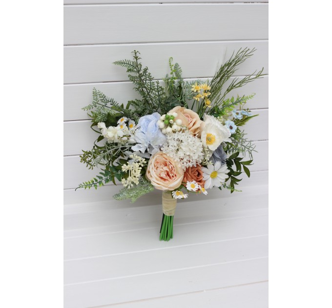 Spring & Summer Wedding Bouquets in Ivory, Yellow, Peach & Dusty Blue | Faux Cascading Bridal & Bridesmaid Wildflower Bouquets