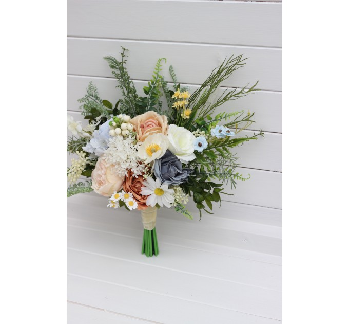 Spring & Summer Wedding Bouquets in Ivory, Yellow, Peach & Dusty Blue | Faux Cascading Bridal & Bridesmaid Wildflower Bouquets