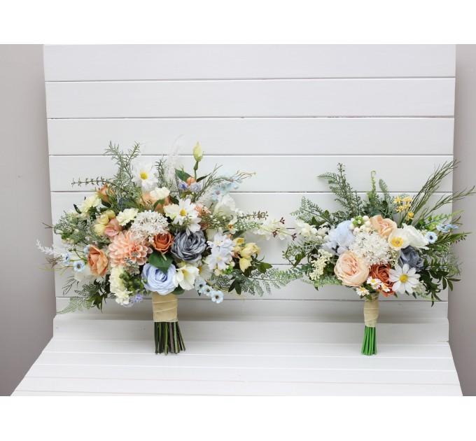 Spring & Summer Wedding Bouquets in Ivory, Yellow, Peach & Dusty Blue | Faux Cascading Bridal & Bridesmaid Wildflower Bouquets