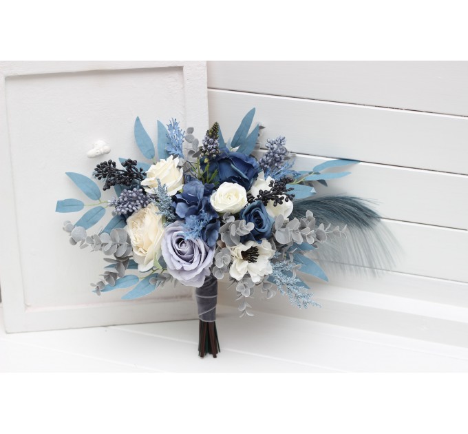 Wedding Bouquets in Dusty Blue, White, Ivory & Gray | Cascading Faux Bridal & Bridesmaid Bouquets