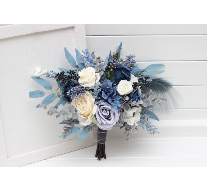 Wedding Bouquets in Dusty Blue, White, Ivory & Gray | Cascading Faux Bridal & Bridesmaid Bouquets