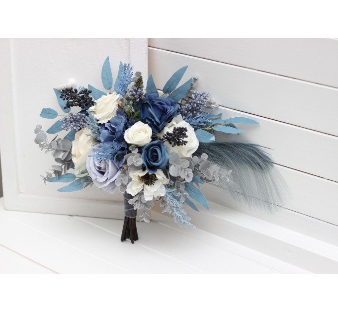 Wedding Bouquets in Dusty Blue, White, Ivory & Gray | Cascading Faux Bridal & Bridesmaid Bouquets