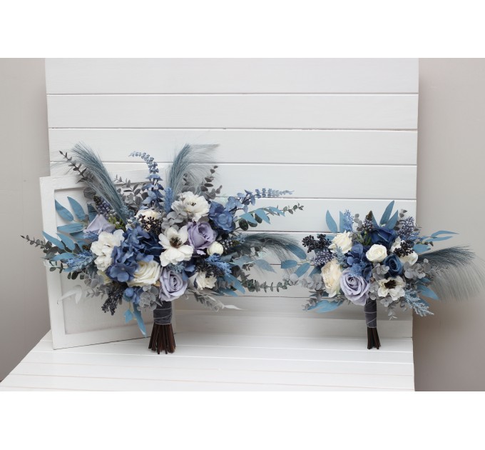 Wedding Bouquets in Dusty Blue, White, Ivory & Gray | Cascading Faux Bridal & Bridesmaid Bouquets