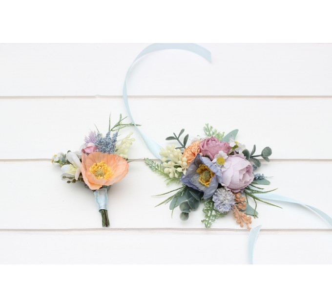  Wedding boutonnieres and wrist corsage  in peach purple dusty blue color scheme. Flower accessories. Wildflowers boutonnieres . Colorful accessories. 5266