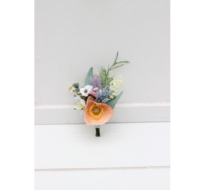 Wedding Boutonnieres & Wrist Corsage in Peach, Purple & Dusty Blue | Wildflower Faux Flower Accessories