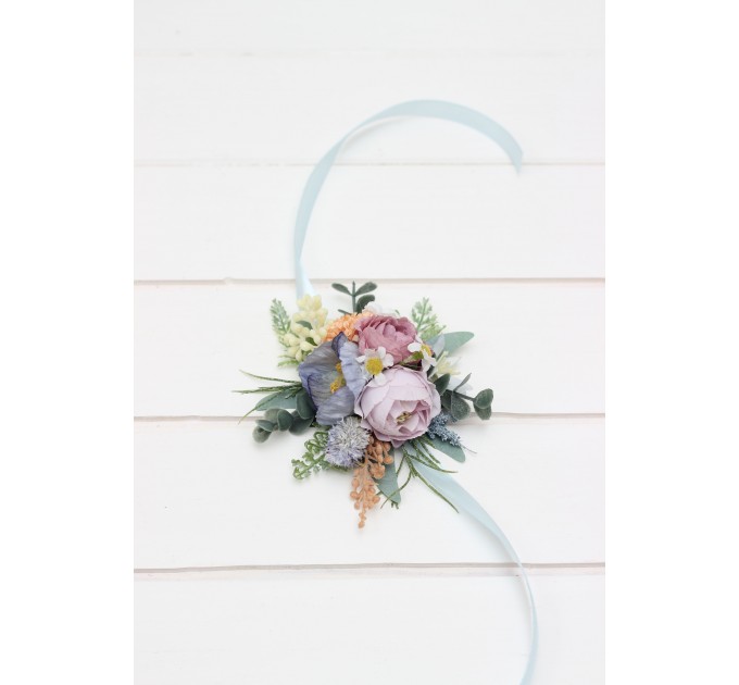 Wedding Boutonnieres & Wrist Corsage in Peach, Purple & Dusty Blue | Wildflower Faux Flower Accessories