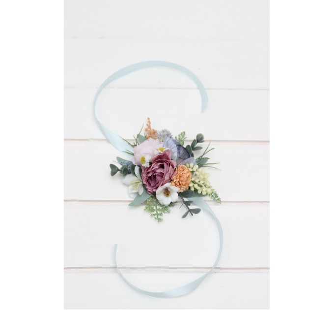  Wedding boutonnieres and wrist corsage  in peach purple dusty blue color scheme. Flower accessories. Wildflowers boutonnieres . Colorful accessories. 5266