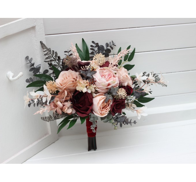 Wedding bouquets in burgundy blush pink colors. Bridal bouquet. Cascading bouquet. Faux bouquet. Bridesmaid bouquet. 5257