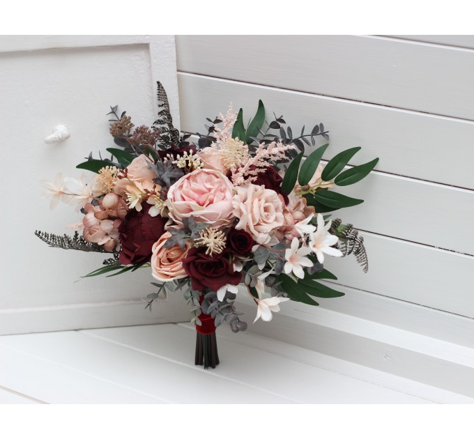 Wedding bouquets in burgundy blush pink colors. Bridal bouquet. Cascading bouquet. Faux bouquet. Bridesmaid bouquet. 5257