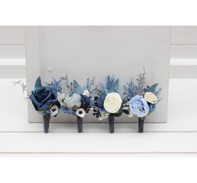 Wedding Boutonnieres & Wrist Corsage in Dusty Blue, White, Ivory & Gray | Faux Flower Accessories