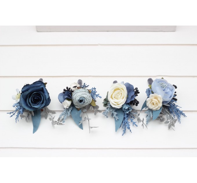 Wedding Boutonnieres & Wrist Corsage in Dusty Blue, White, Ivory & Gray | Faux Flower Accessories