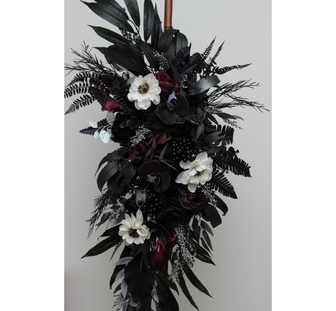 Flower Arch Arrangement in Deep Purple, Black, Silver & White | Faux Floral Archway for Wedding