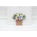 Pocket boutonniere in ivory yellow peach dusty blue color scheme. Flower accessories. Pocket flowers. Square flowers. 5247