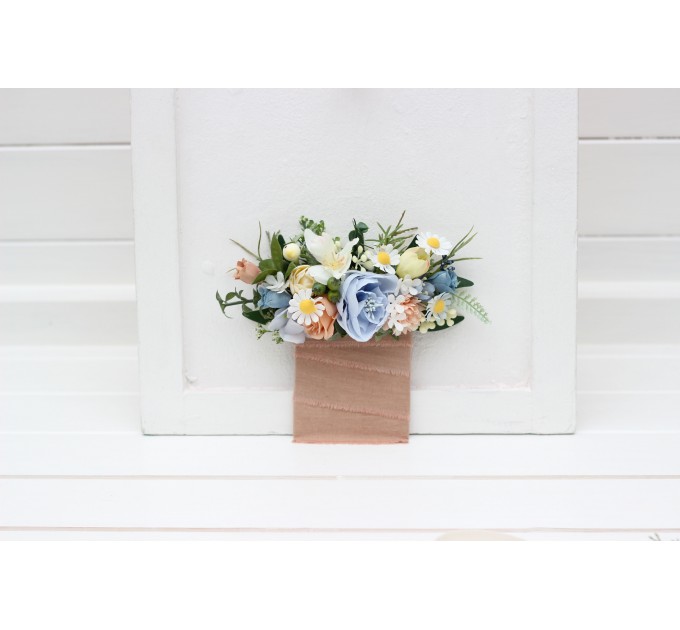 Pocket Boutonniere in Ivory, Yellow, Peach & Dusty Blue | Faux Flower Accessories