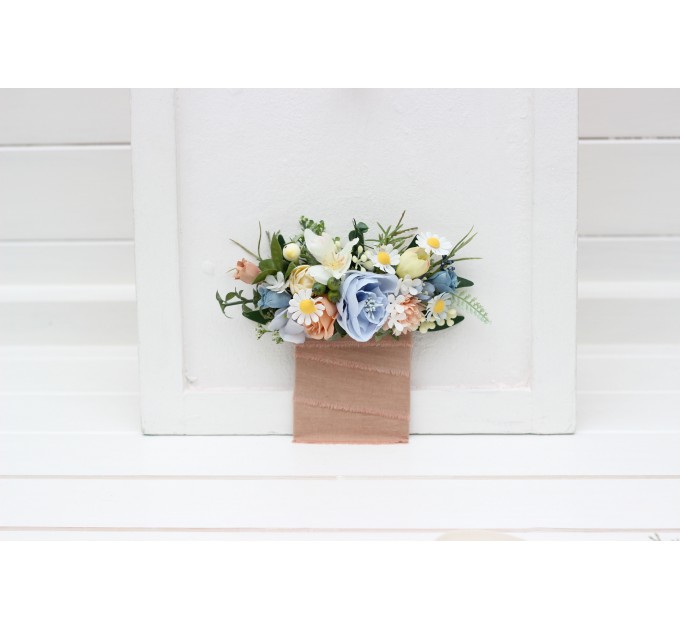 Pocket boutonniere in ivory yellow peach dusty blue color scheme. Flower accessories. Pocket flowers. Square flowers. 5247