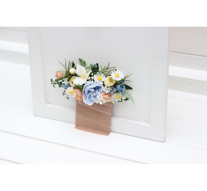 Pocket boutonniere in ivory yellow peach dusty blue color scheme. Flower accessories. Pocket flowers. Square flowers. 5247