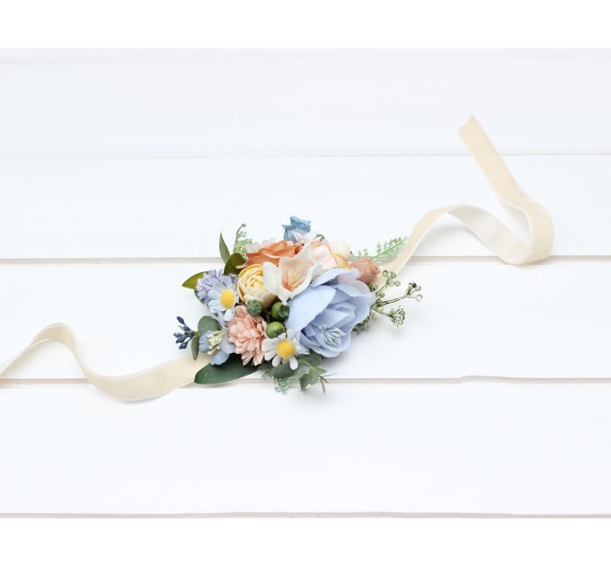 Wedding Boutonnieres & Wrist Corsage in Ivory, Yellow, Peach & Dusty Blue | Faux Flower Accessories