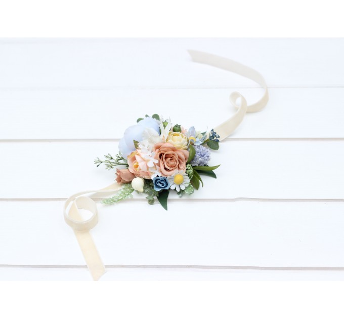 Wedding Boutonnieres & Wrist Corsage in Ivory, Yellow, Peach & Dusty Blue | Faux Flower Accessories