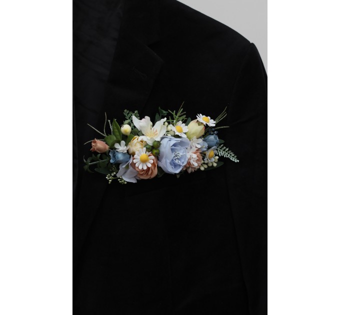 Pocket Boutonniere in Ivory, Yellow, Peach & Dusty Blue | Faux Flower Accessories