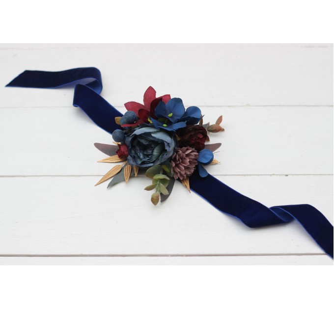  Wedding boutonnieres and wrist corsage  in burgundy navy blue dusty rose gold color scheme. Flower accessories. 5090