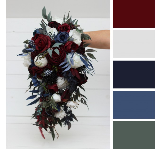 Wedding Bouquet in Burgundy, White & Navy Blue | Cascading Bridal & Bridesmaid Faux Bouquets