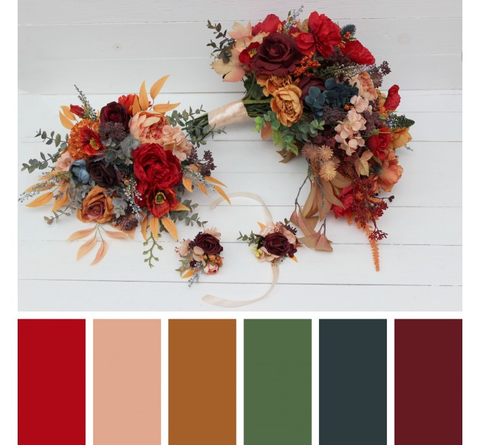 Cascading Fall Wedding Bouquet in Rust, Orange, Red & Blue | Faux Boho Bridal Flowers