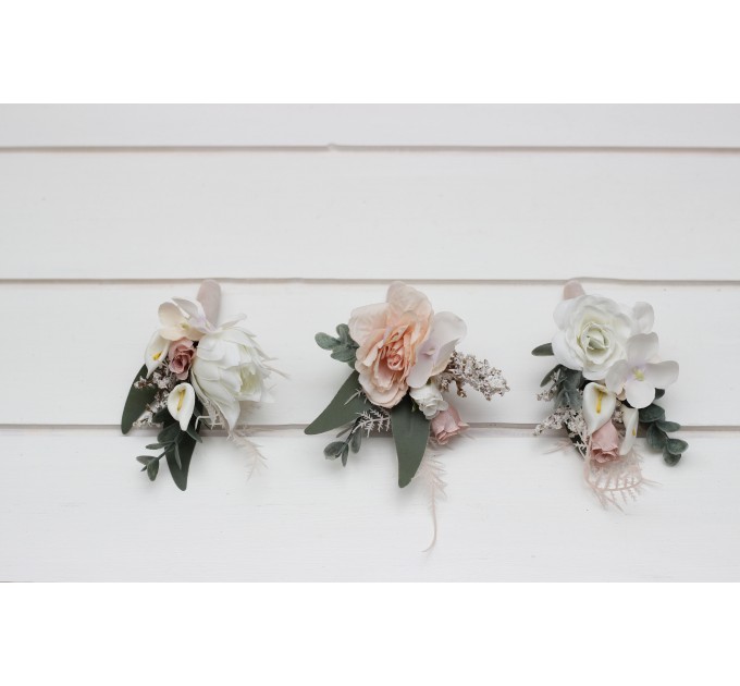 Wedding Boutonnieres & Wrist Corsage in White & Blush Pink | Faux Flower Accessories