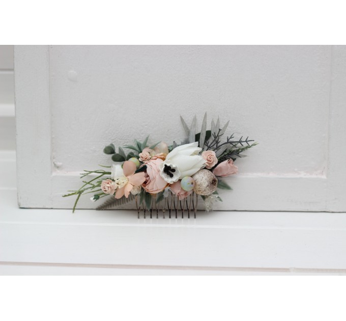 Flower comb in beige white gray blush pink color scheme. Wedding accessories for hair. Bridal flower comb. Bridesmaid floral comb. 5261