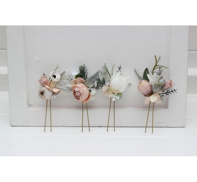  Set of  4 hair pins in beige white gray blush pink color scheme. Hair accessories. Flower accessories for wedding.  5261