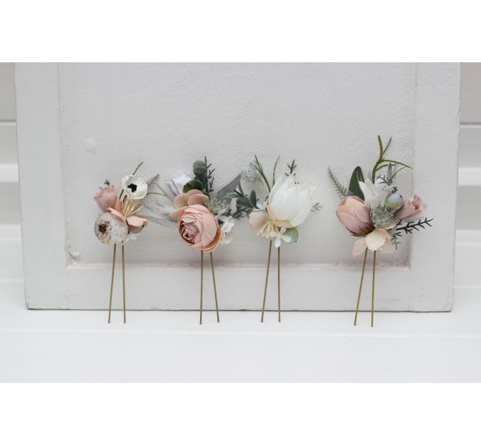 Set of 4 hair pins in beige white gray blush pink color scheme. Hair accessories. Flower accessories for wedding. 5261