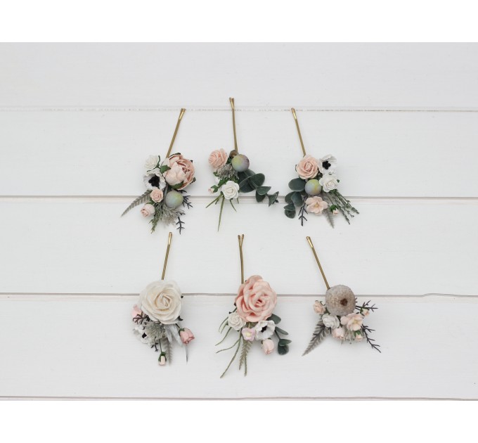 Set of 6 bobby pins in beige white gray blush pink color scheme. Hair accessories. Flower accessories for wedding. 5261