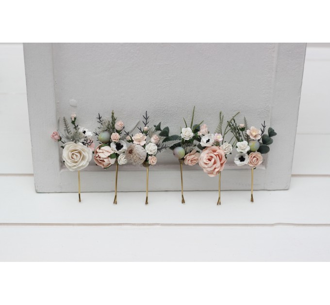 Set of 6 bobby pins in beige white gray blush pink color scheme. Hair accessories. Flower accessories for wedding. 5261