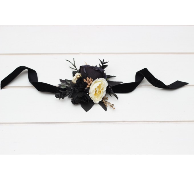 Wedding Boutonnieres & Wrist Corsage in Ivory, Black & Gold | Faux Flower Accessories