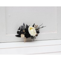 Flower comb in ivory black gold color scheme. Wedding accessories for hair. Bridal flower comb. Bridesmaid floral comb. 5119