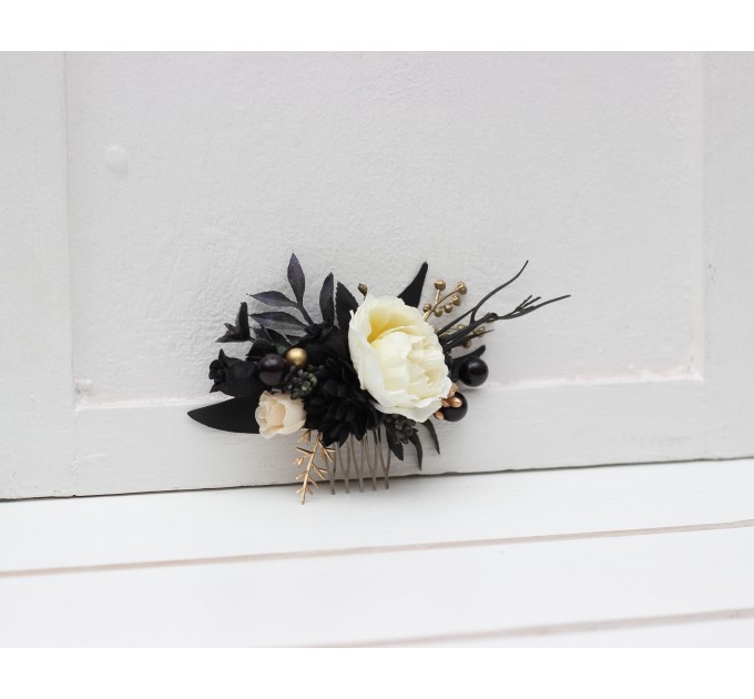 Flower comb in ivory black gold color scheme. Wedding accessories for hair. Bridal flower comb. Bridesmaid floral comb. 5119
