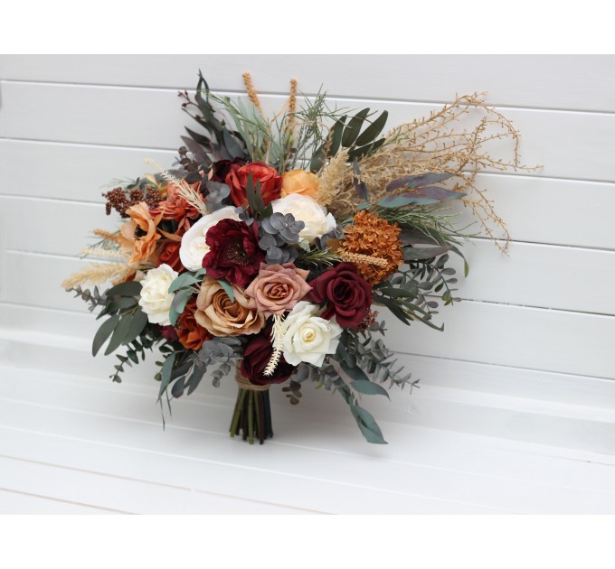 Wedding Bouquets in Rust, Burgundy & Ivory | Faux Bridal & Bridesmaid Bouquets