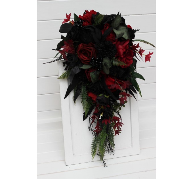 Deep Red, Black, and Forest Green Wedding Bouquets – Gothic Cascading Bridal Designs