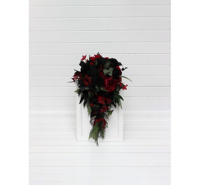 Deep Red, Black, and Forest Green Wedding Bouquets – Gothic Cascading Bridal Designs