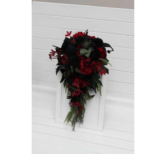 Deep Red, Black, and Forest Green Wedding Bouquets – Gothic Cascading Bridal Designs