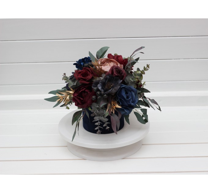 Burgundy navy blue dusty rose gold centerpiece. Table decor. Wedding flowers in box. 5090